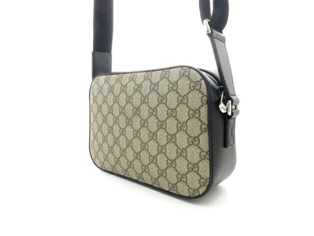 Gucci Bag Supreme Black Leather Shoulder Cream Canvas Beige GG Cream Tan